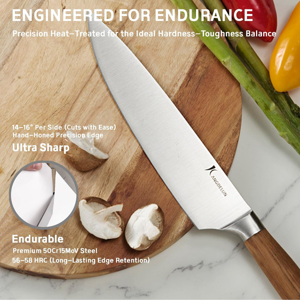 Kangdelun Ultra Sharp 15-Piece Kitchen Knife Set, High Carbon Stainless Steel Blades, Torrefied Brown Wood Handles, Ergonomic Design, Space-Saving Black-Finished Wood Block, Easy Hand Wash, Gift Box