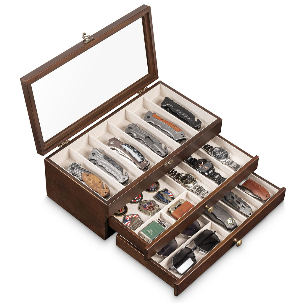 Yoimori 2-Layer Pocket Knife Case Display & Storage, Solid Wood Knife Case for Collections, Gift for Boyfriend, Fathers Day, Birthday Gifts (Black)