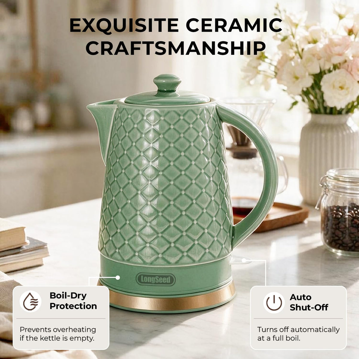 LONGSEED 1.5L Ceramic Electric Kettle, 1200W Fast Boil Retro Tea Pot with LED Light, BPA-Free Porcelain Cordless Water Boiler, Auto Shut-Off & Boil-Dry Protection, Green Relief Carving