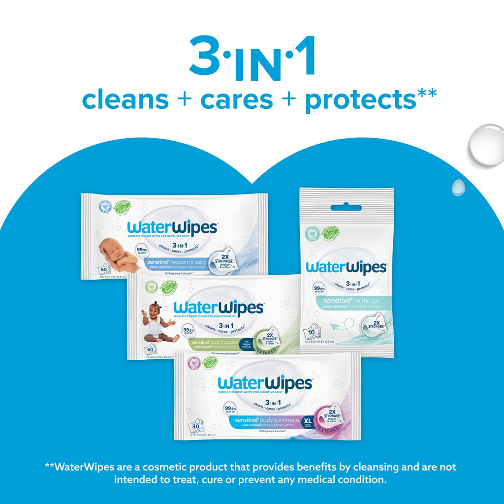 WaterWipes Sensitive+ Newborn & Baby Wipes, 3-In-1 Cleans, Cares, Protects, 99.9% Water, Unscented & Hypoallergenic, 1080 Count (18 Packs)