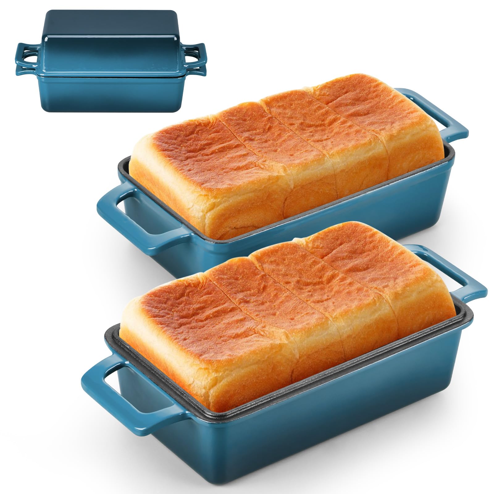 Leonyo Enamel Cast Iron Bread Pan, 9"x5" Loaf Pan with Lid, Blackish Green