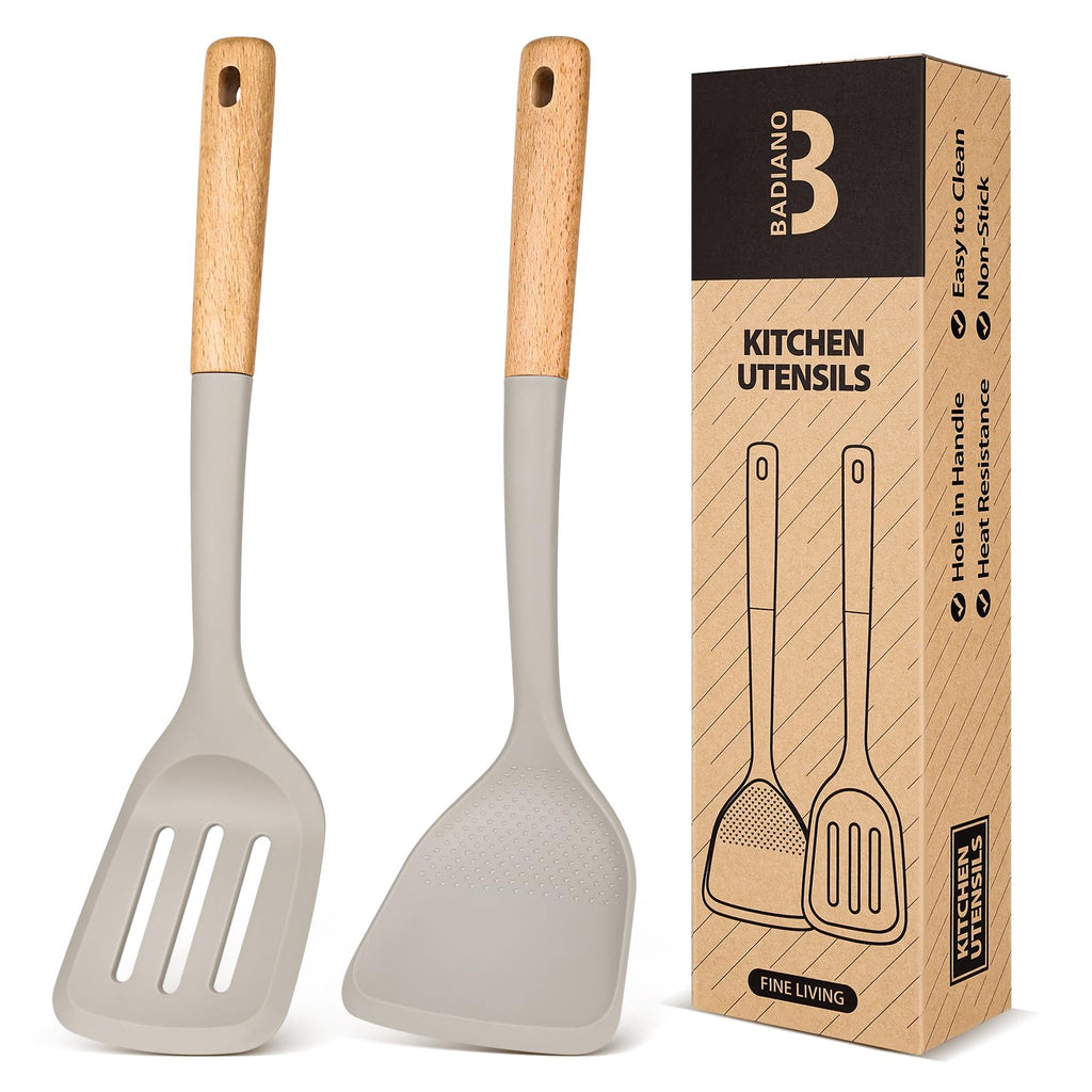 Silicone Wok Spatula Turner Set, Perfect for Scooping, Flipping, Lifting Pancakes and Picking up Veggies, BPA-Free Matte Silicone, Wooden Handles, Safe for Nonstick Cooking Surfaces (Grey)