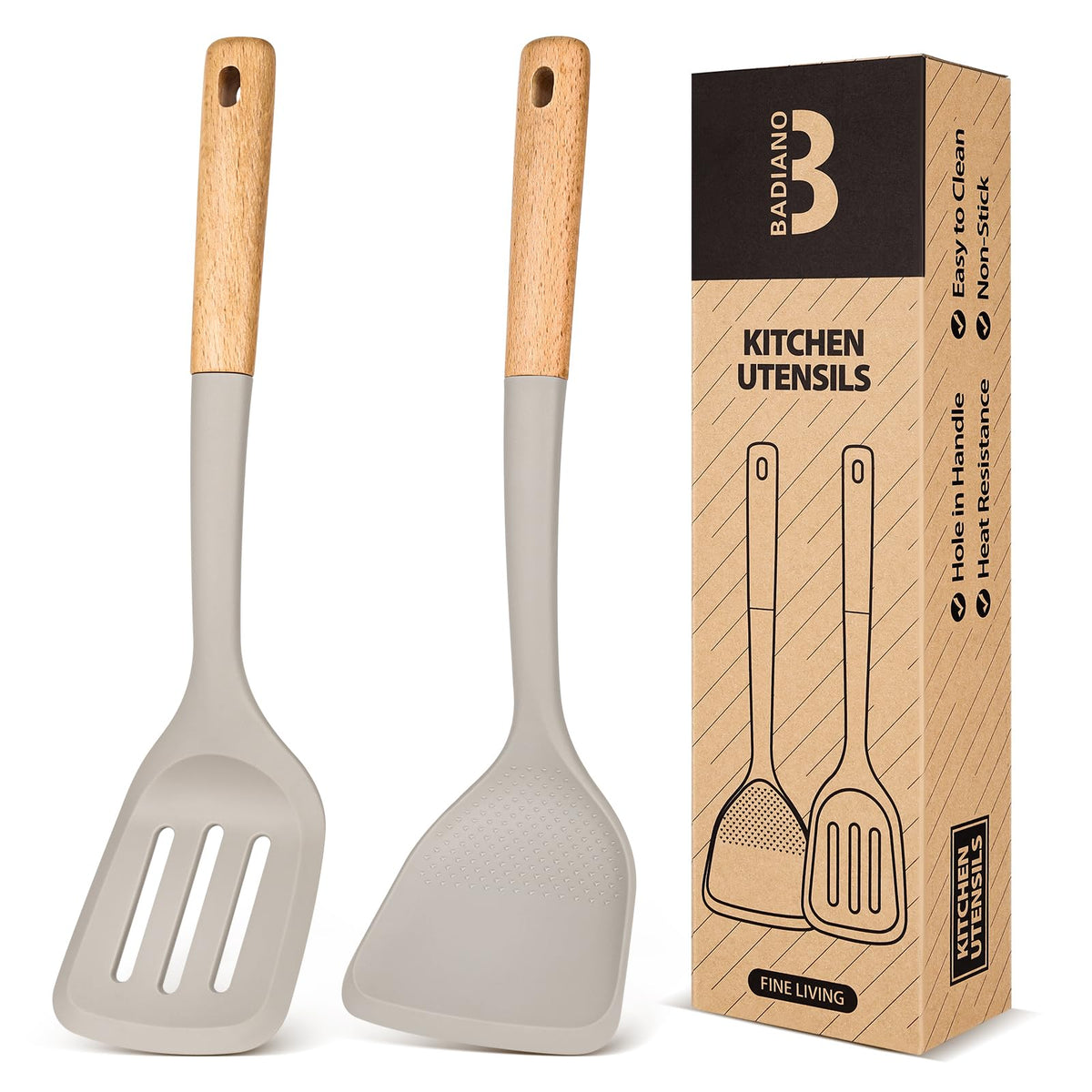 Silicone Wok Spatula Turner Set, Perfect for Scooping, Flipping, Lifting Pancakes and Picking up Veggies, BPA-Free Matte Silicone, Wooden Handles, Safe for Nonstick Cooking Surfaces (Grey)