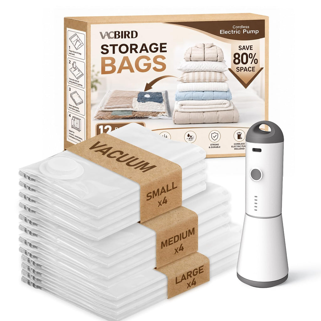 Vacbird Vacuum Storage Bags for Clothing Travel, 10 Pack Vacuum Bags with Rechargeable Cordless Air Pump(2 Large+4 Medium+4 Small), Compression Packing for Clothes Blanket Suitcase Luggage