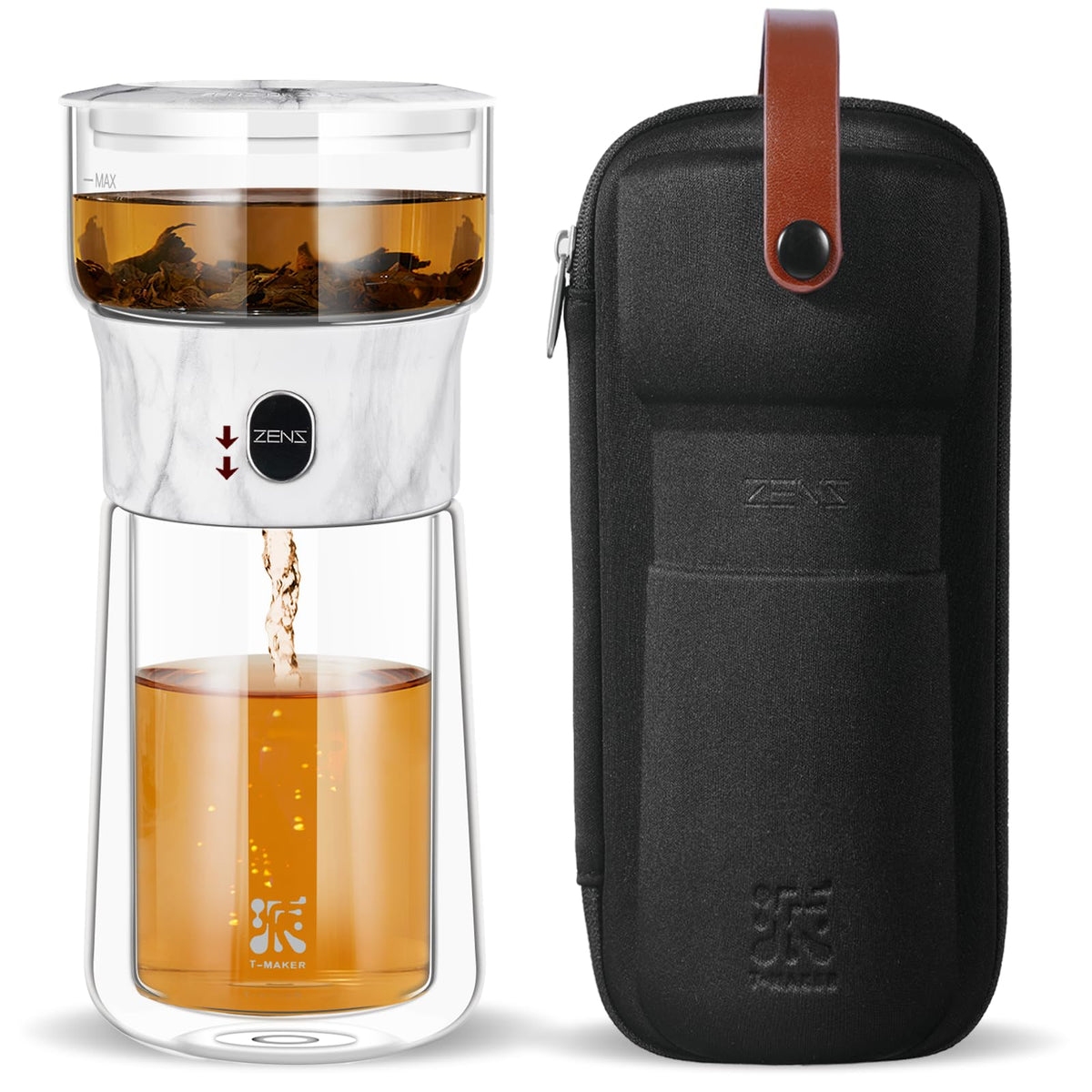 ZENS Glass Tea Infuser Pot, Modern One Touch Tea Maker for Tea Steeping