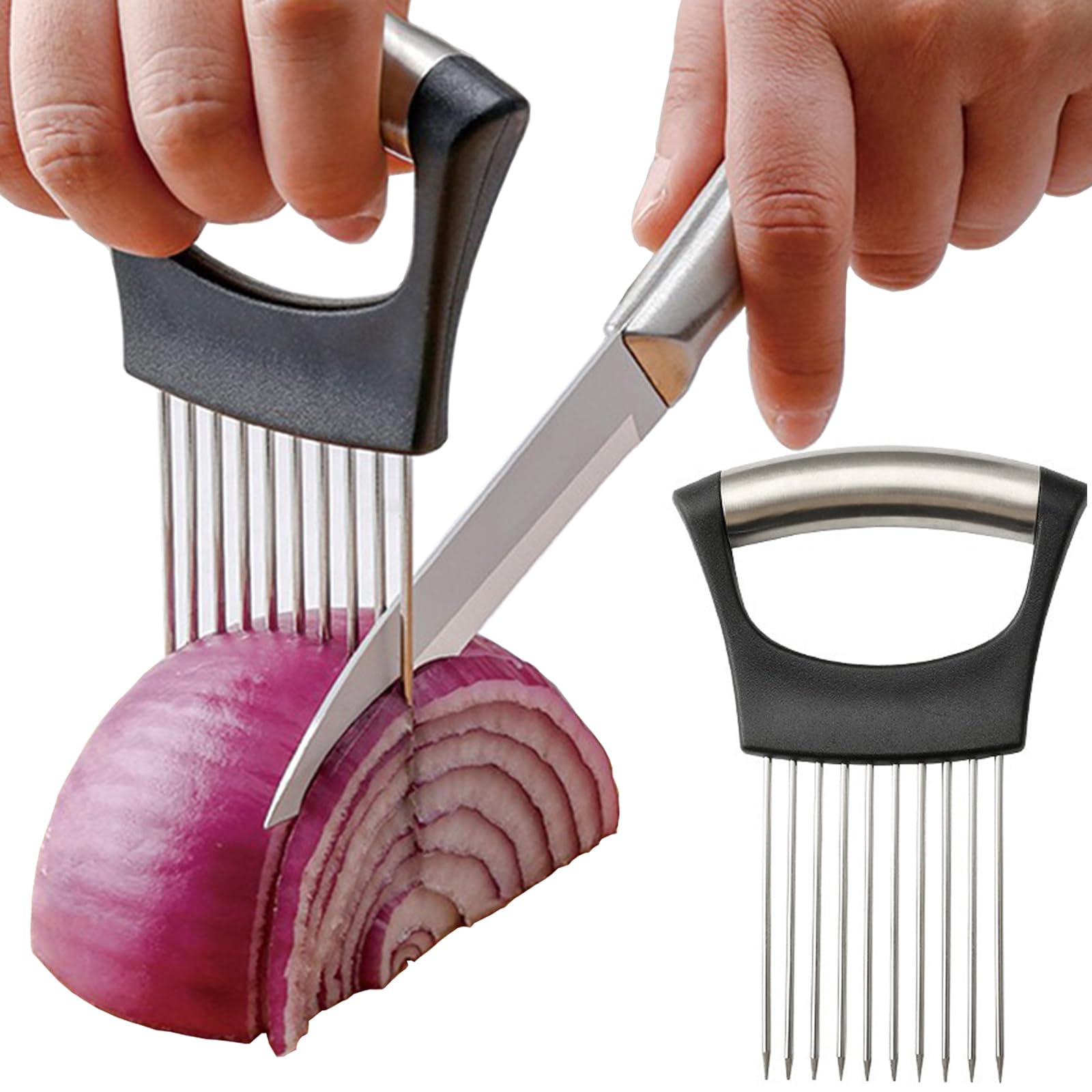 Onion Holder for Slicing, Stainless Steel Lemon Slicer Vegetable Cutter Onion Slicer Holder, Kitchen Chopper Slicing Assistant Tool for Potato Tomato Cucumber Avocados Fruits Eggs Meat
