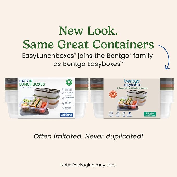 Bentgo Easyboxes - Original Stackable Lunch Boxes - Reusable 3-Compartment Food Containers for Kids and Adults - Bento Lunch Box for Meal Prep, School, & Work - BPA Free, Set of 4 (Earth Tones)