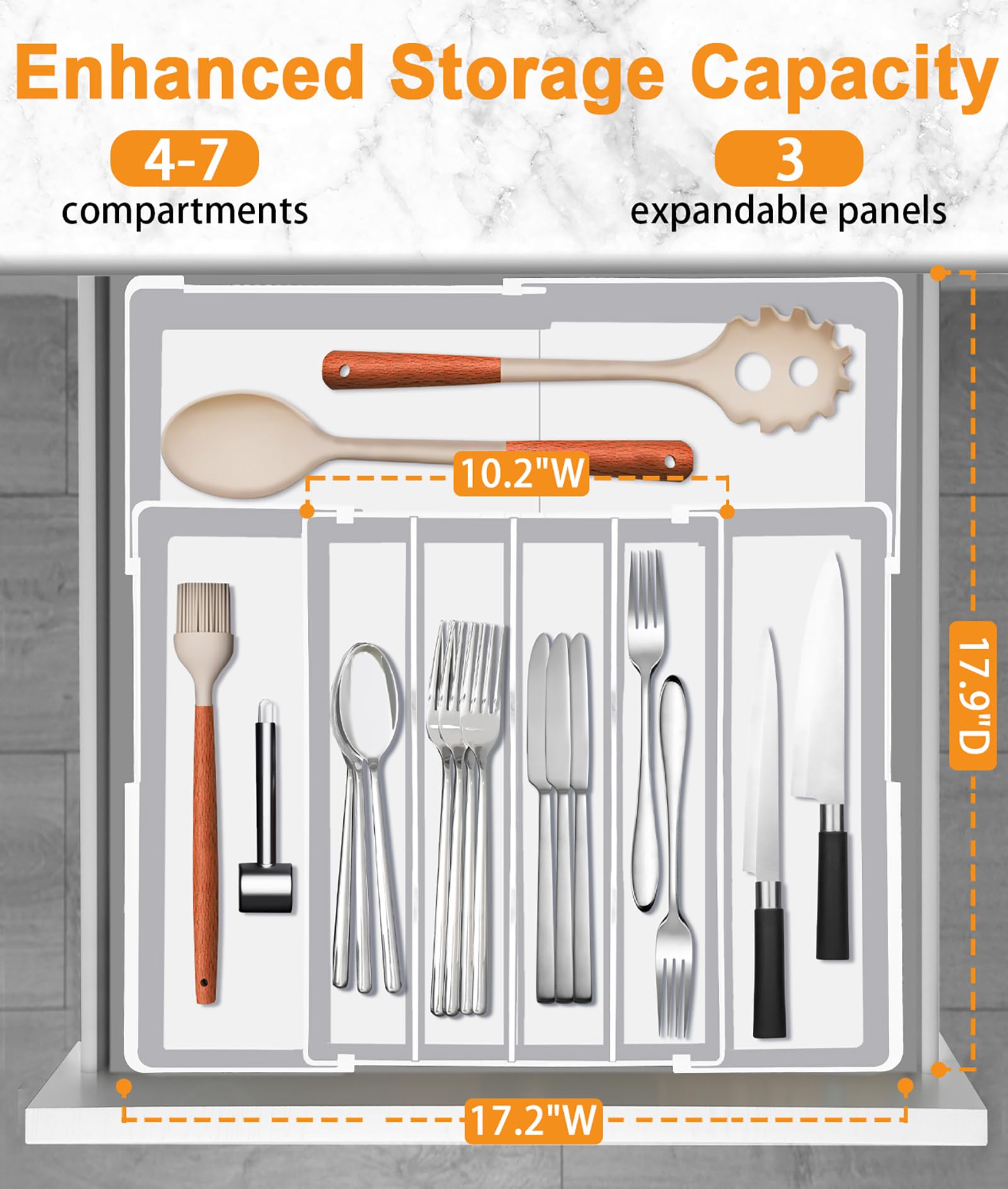 Homecor Silverware Drawer Organizer - Expandable Drawer Organizer for Kitchen, Utensil Holder BPA Free Flatware and Cutlery Tray for Spoons Forks Knives, Plastic Kitchen Organizer and Storage, White