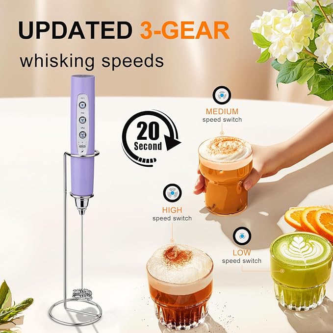 YUSWKO Handheld Milk Frother Wand for Coffee, Rechargeable Electric Whisk with 3 Heads 3 Speeds Drink Mixer Coffee Frother For Latte, Cappuccino, Hot Chocolate, Egg, Light Purple with Holder