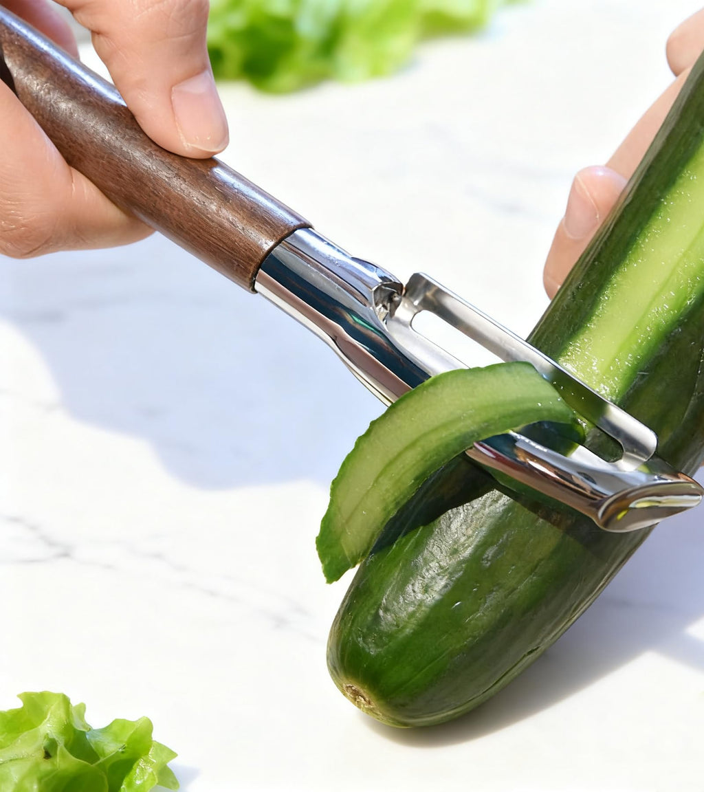 Ugotit Fruit Vegetable Peeler Set for Kitchen, Stainless Steel Potato Peelers Ultra Sharp Swivel Blade, Premium Real Wood Handle Leather Strap (Y&I Shaped)