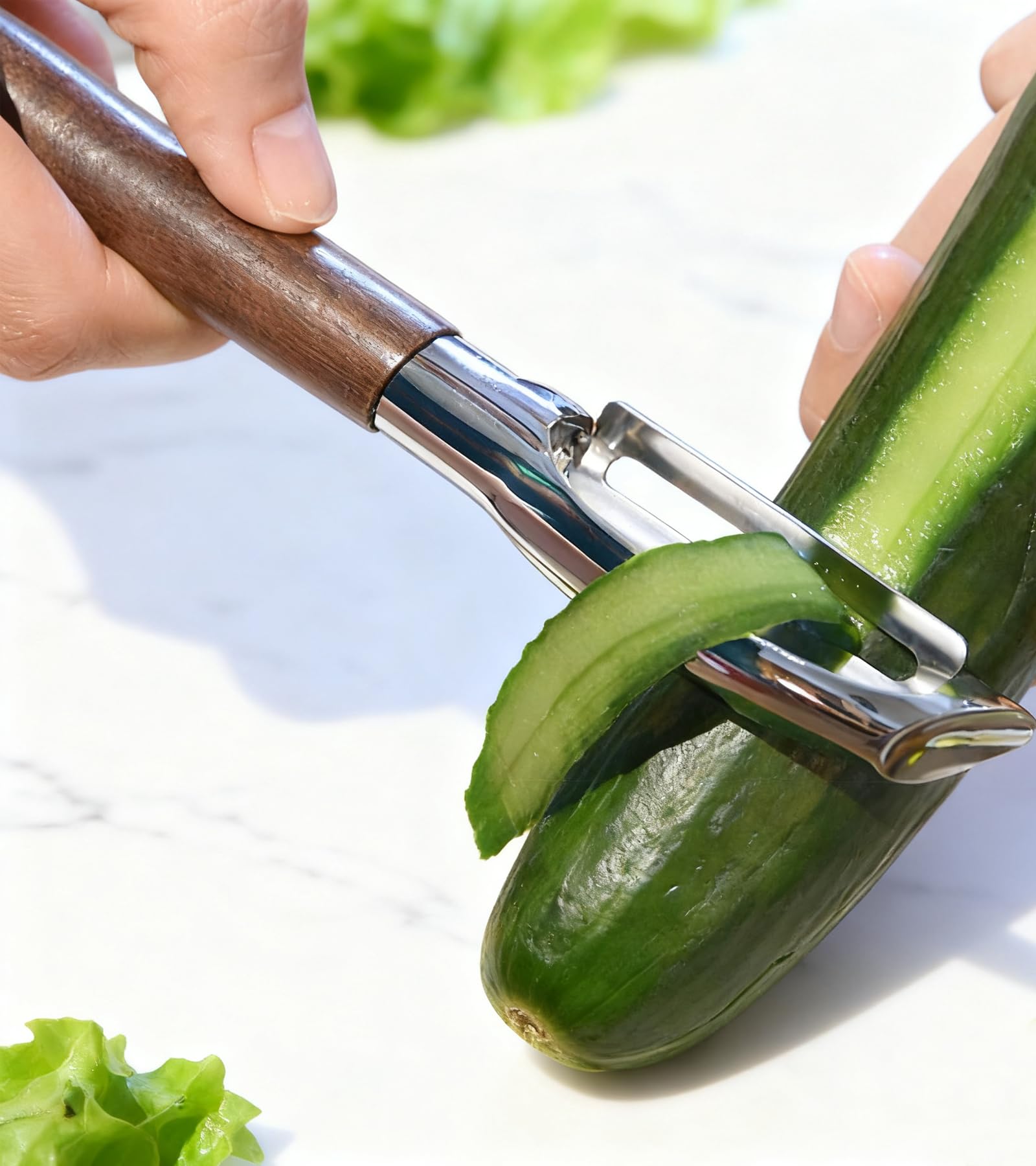 Ugotit Fruit Vegetable Peeler Set for Kitchen, Stainless Steel Potato Peelers Ultra Sharp Swivel Blade, Premium Real Wood Handle Leather Strap (Y&I Shaped)