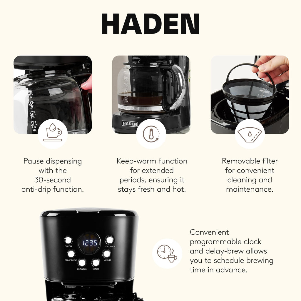 HADEN Coffee Machine, 12 Cup Programmable Drip Coffee Maker with Auto Shut-Off Function and Reusable Washable Water Filter, Black & Chrome