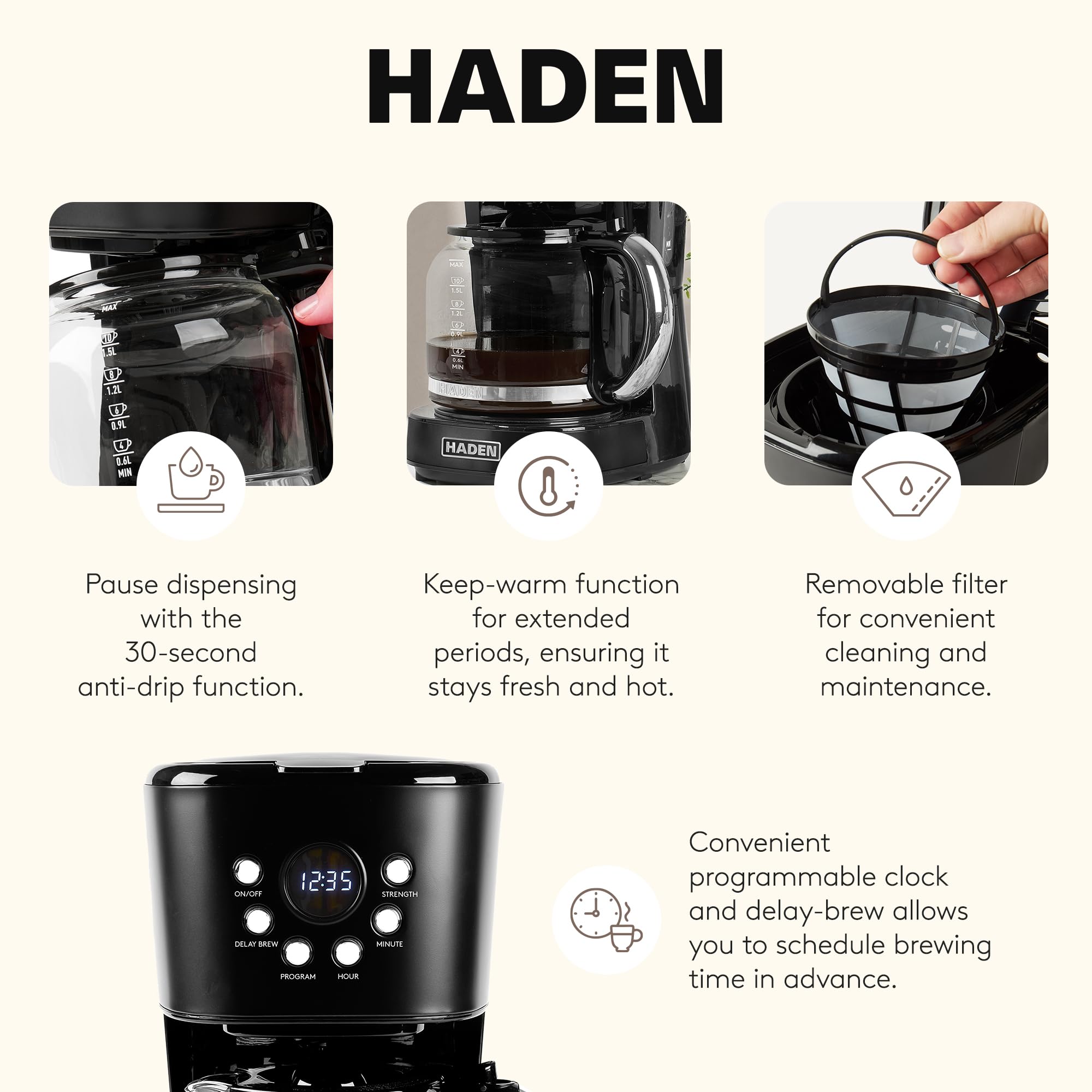 HADEN Coffee Machine, 12 Cup Programmable Drip Coffee Maker with Auto Shut-Off Function and Reusable Washable Water Filter, Black & Chrome
