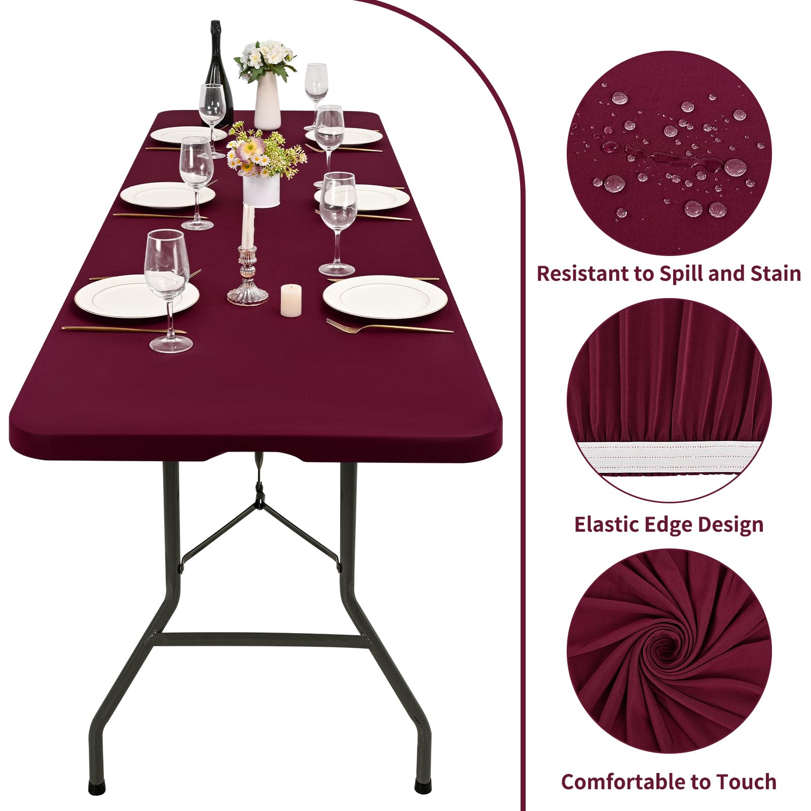 REWOMC 6 Pack Stretch Fabric Table Top Cap Cover, fits 8' Tables, Spandex Table Covers Washable Elastic Rectangle Tablecloth Protector for Indoor Outdoor Party Picnic Wedding, Wine Red, 30" W x 96" L
