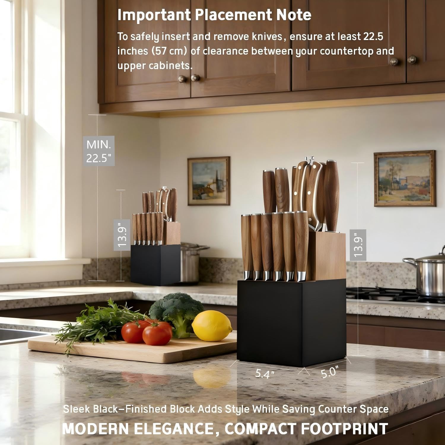 Kangdelun Ultra Sharp 15-Piece Kitchen Knife Set, High Carbon Stainless Steel Blades, Torrefied Brown Wood Handles, Ergonomic Design, Space-Saving Black-Finished Wood Block, Easy Hand Wash, Gift Box