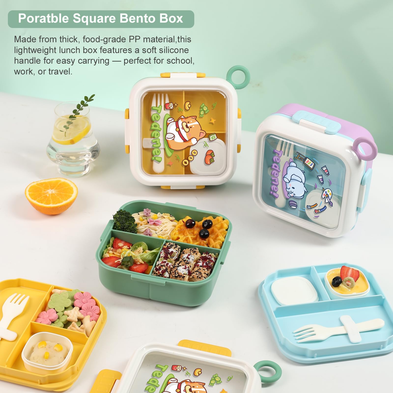 SAYAPE Bento Box for Kids & Adults – Cute Cartoon 2-Layer Lunch Box with Fork, Sauce Cup & Brush, BPA-Free, 3-Compartment Square Snack Container with Handle for School, Office, or Travel (Green)