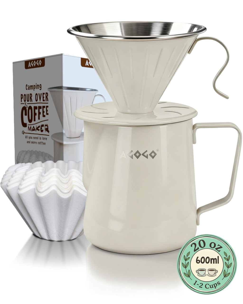 AGOGO Stainless Pour Over Coffee Maker Set, 50 Paper Filters, 20oz, Black