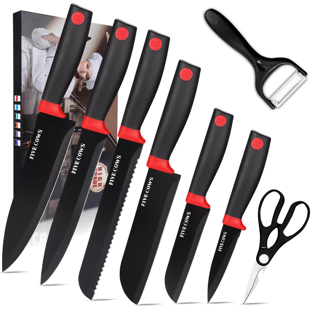14 Pcs Kitchen Knife Block Set with Sharpener German High Carbon Stainless Steel Chef Knives, Razor-Sharp & Durable, Lightweight Anti-Slip Handle, Professional Set for Home & Kitchen (Red)