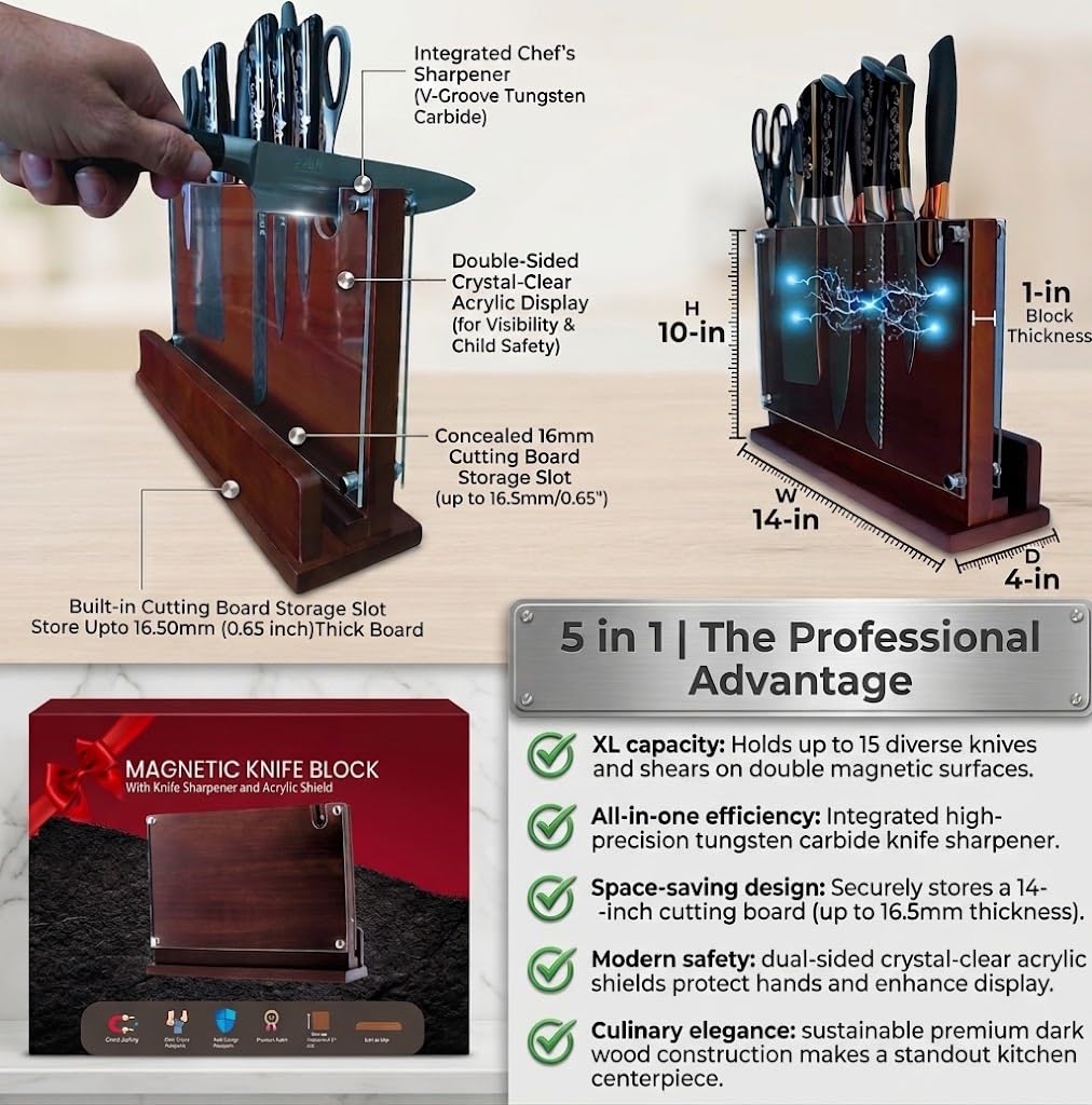 Magnetic Knife Block with Builtin Sharpener, Double Sided Magnet and Acrylic safety shield on both side for Kitchen Counter, Extra Large size 14'x10',Wood Magnetic Knife Holder,stand. Board.