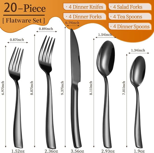 20-Piece Black Silverware Set, Heavy Duty Stainless Steel Flatware Cutlery Set Service for 4, Food-Grade Utensil Sets for Home Restaurant, Dishwasher Safe