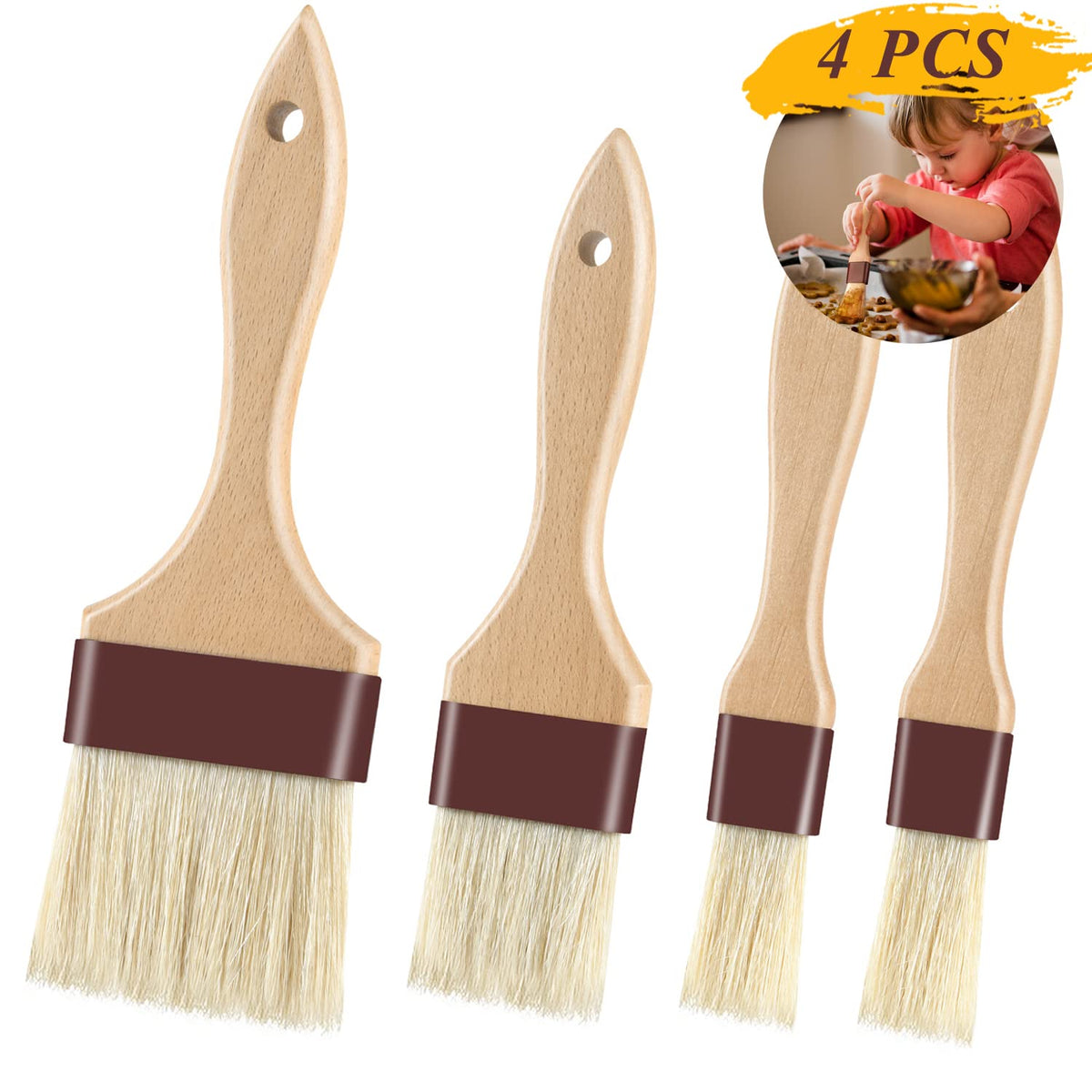 Pastry Brushes for Baking Basting Brush with Boar Bristles and Beech Hardwood Handles Culinary Oil Brush for Barbecue Butter Grill BBQ Sauce Baster Marinade Kitchen Food Cooking Brushes (1 inch)