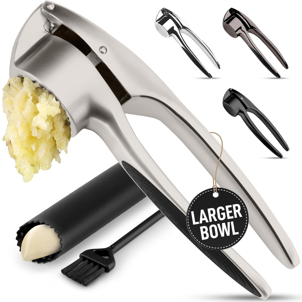 Zulay Kitchen Premium Garlic Press Set – Rust Proof & Dishwasher Safe Garlic Mincer Tool with Silicone Garlic Peeler & Brush, Easy Squeeze & Clean, Ergonomic Soft Grip Handle - Medium – Chrome