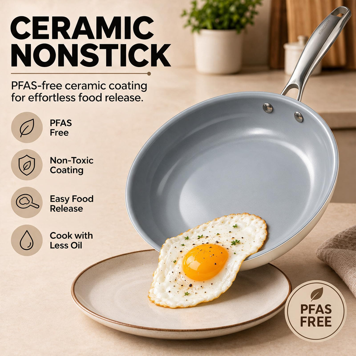 Kikcoin Ceramic Nonstick Frying Pans Set, 3 Piece Skillets (8"+9.5"+11")