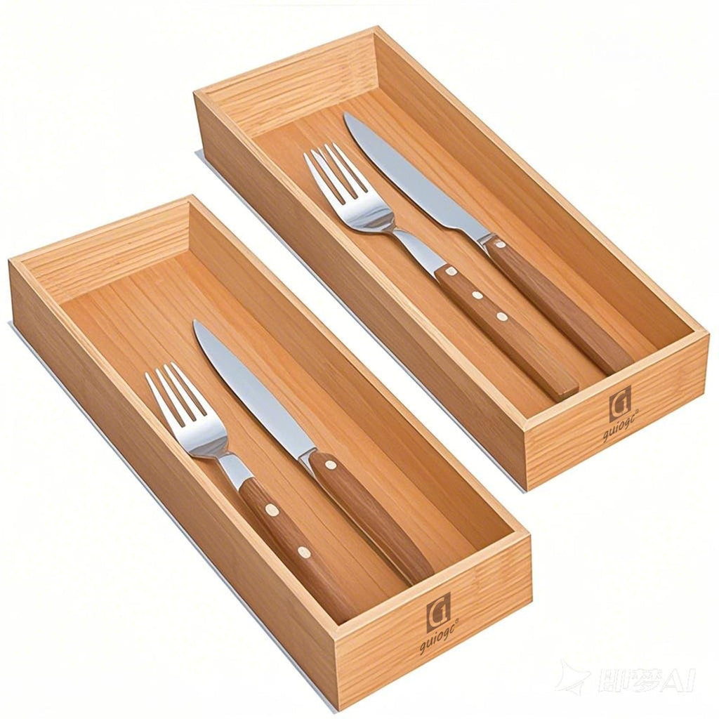 guiogc Bamboo Drawer Organizer, Utensil Organizer for Kitchen, Bamboo Storage Box Wood Silverware Tray for Drawer Set of 2