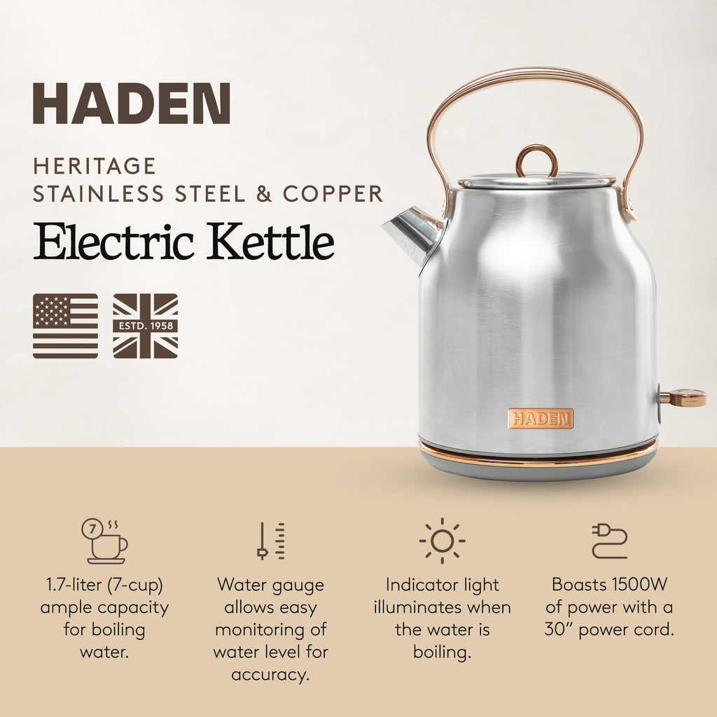Haden Heritage 1.7 Liter Stainless Steel Electric Kettle, Hot Water Kettle with 360-Degree Base and Auto Shutoff, Steel & Copper