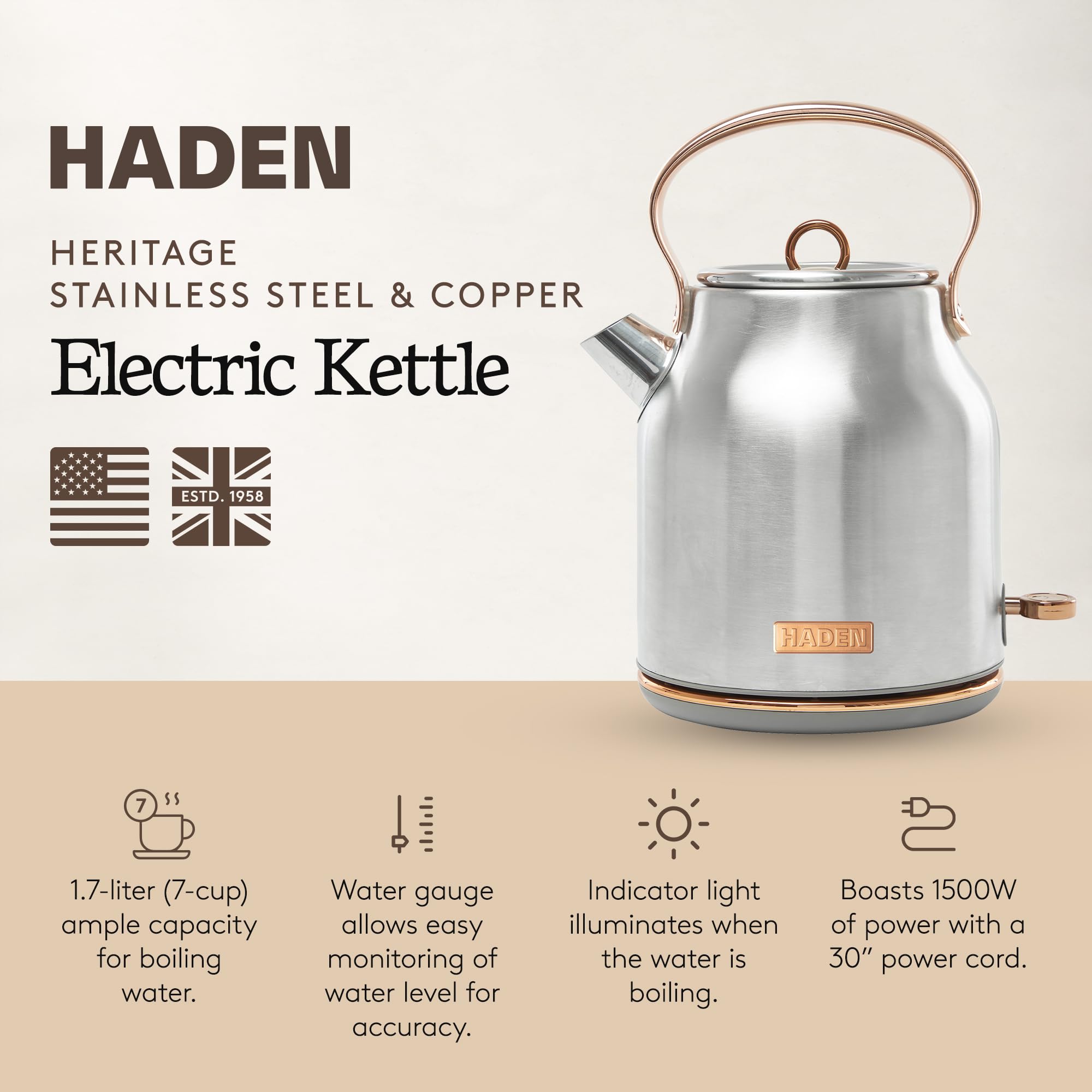 Haden Heritage 1.7 Liter Stainless Steel Electric Kettle, Hot Water Kettle with 360-Degree Base and Auto Shutoff, Steel & Copper