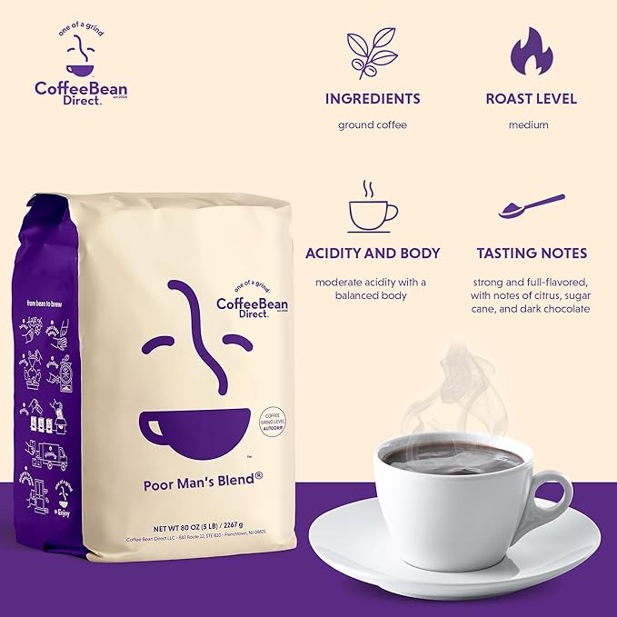 Coffee Bean Direct Poor Man's Blend®, Ground Coffee, Medium Roast, 5 Pound Bag (Pack of 1)