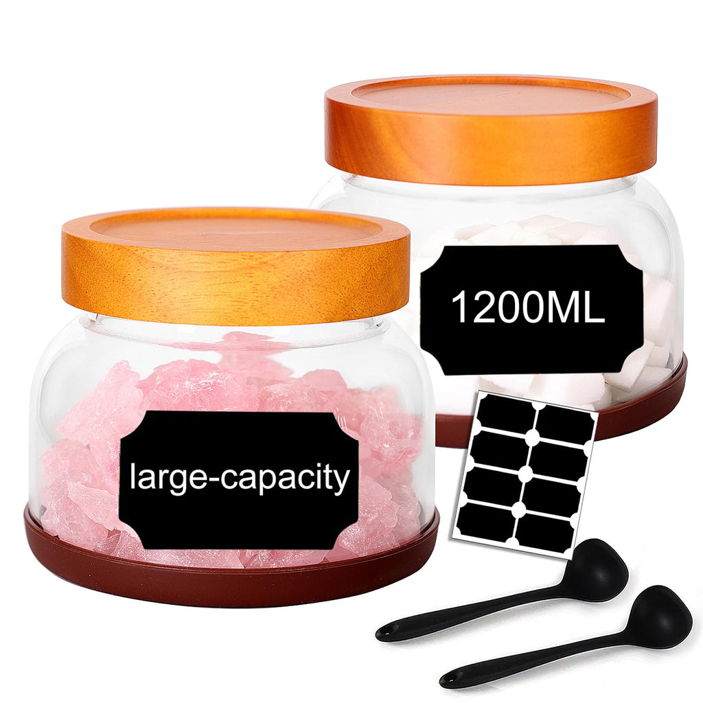SAIOOL 2-Pack Striped Borosilicate Glass Airtight Canisters - Big mouth Large Capacity, Acacia Wood Lid, Food Storage Jars for Flour, Pasta, Pantry Organization (1200ml Gallon （Strew 2 pack）)