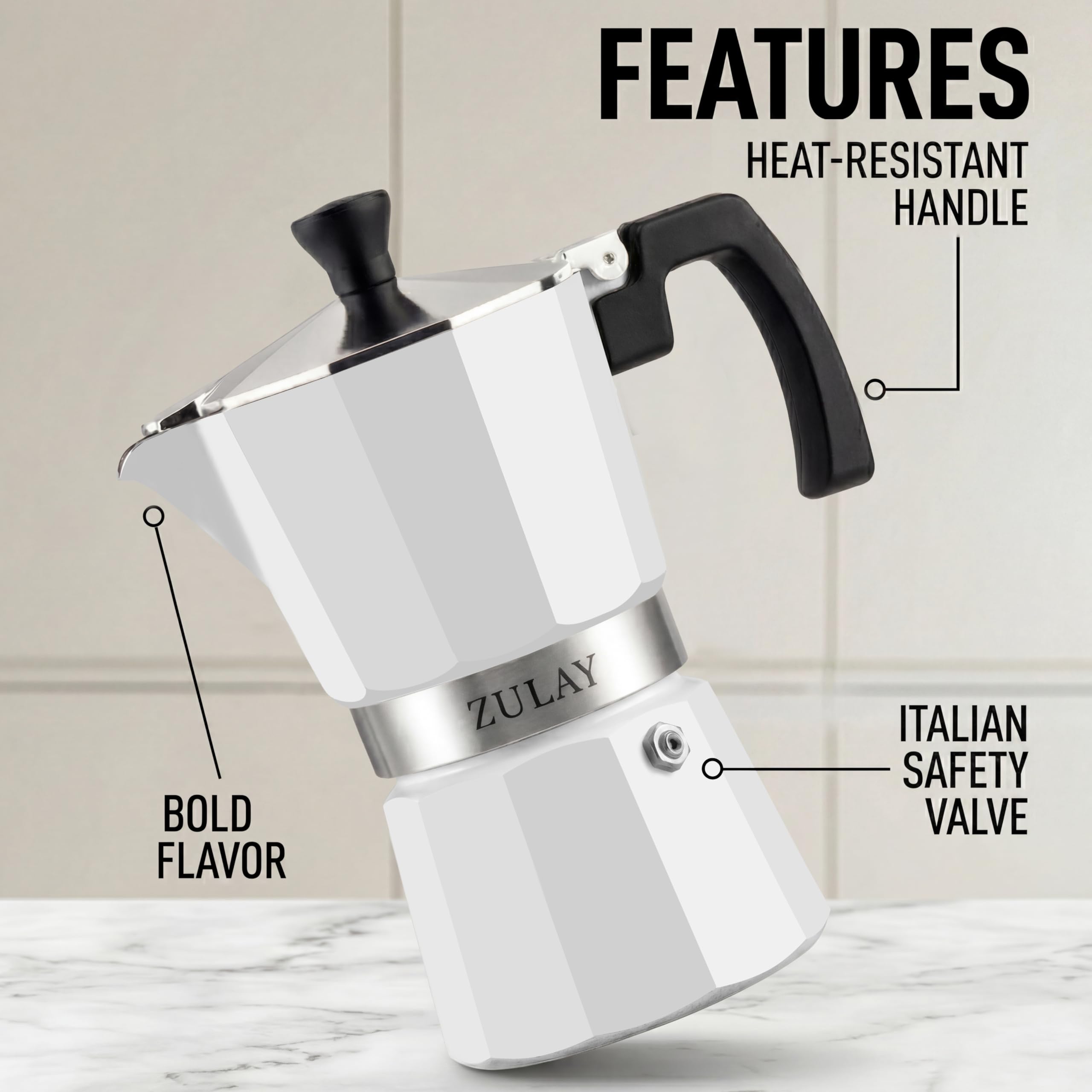 Zulay Moka Pot Espresso Stovetop Coffee Maker - Leak-Proof, Stainless Steel, Easy to Clean, Heat Resistant Handle & Knob - for Authentic Cuban & Italian Style Espresso - Makes 6 Espresso Cups - White