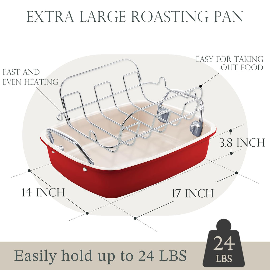 KITESSENSU Nonstick Turkey Roasting Pan with Rack 17 x 14 inch - Large Chicken Roaster Pan for Oven - Wider Handles & Heavy Duty Construction - Suitable for 24lb Turkey, Red