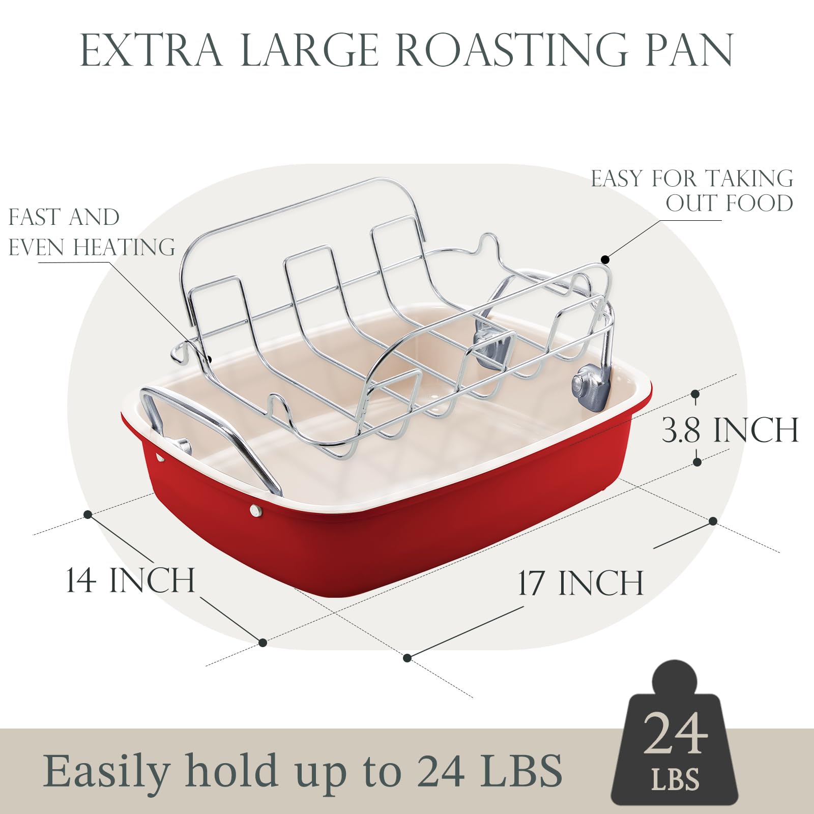 KITESSENSU Nonstick Turkey Roasting Pan with Rack 17 x 14 inch - Large Chicken Roaster Pan for Oven - Wider Handles & Heavy Duty Construction - Suitable for 24lb Turkey, Red