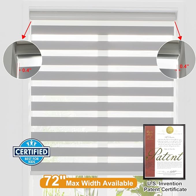 Persilux Cordless Zebra Blinds for Windows (36" W X 72" H, Grey) Free-Stop Windows Shades Dual Layer Light Control for Day and Night, Light Filtering Sheer Shades for Home, Easy to Install