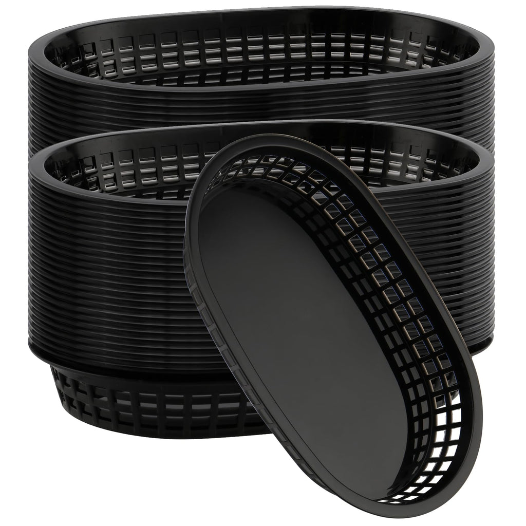 HEIHAK 30 Pack 10.5 x 7 Inch Black Plastic Fast Food Baskets, Restaurant Serving Baskets, Flat Oval Fast Food Serving Basket for Picnic, Deli Serving, Chicken, Burgers and Fries