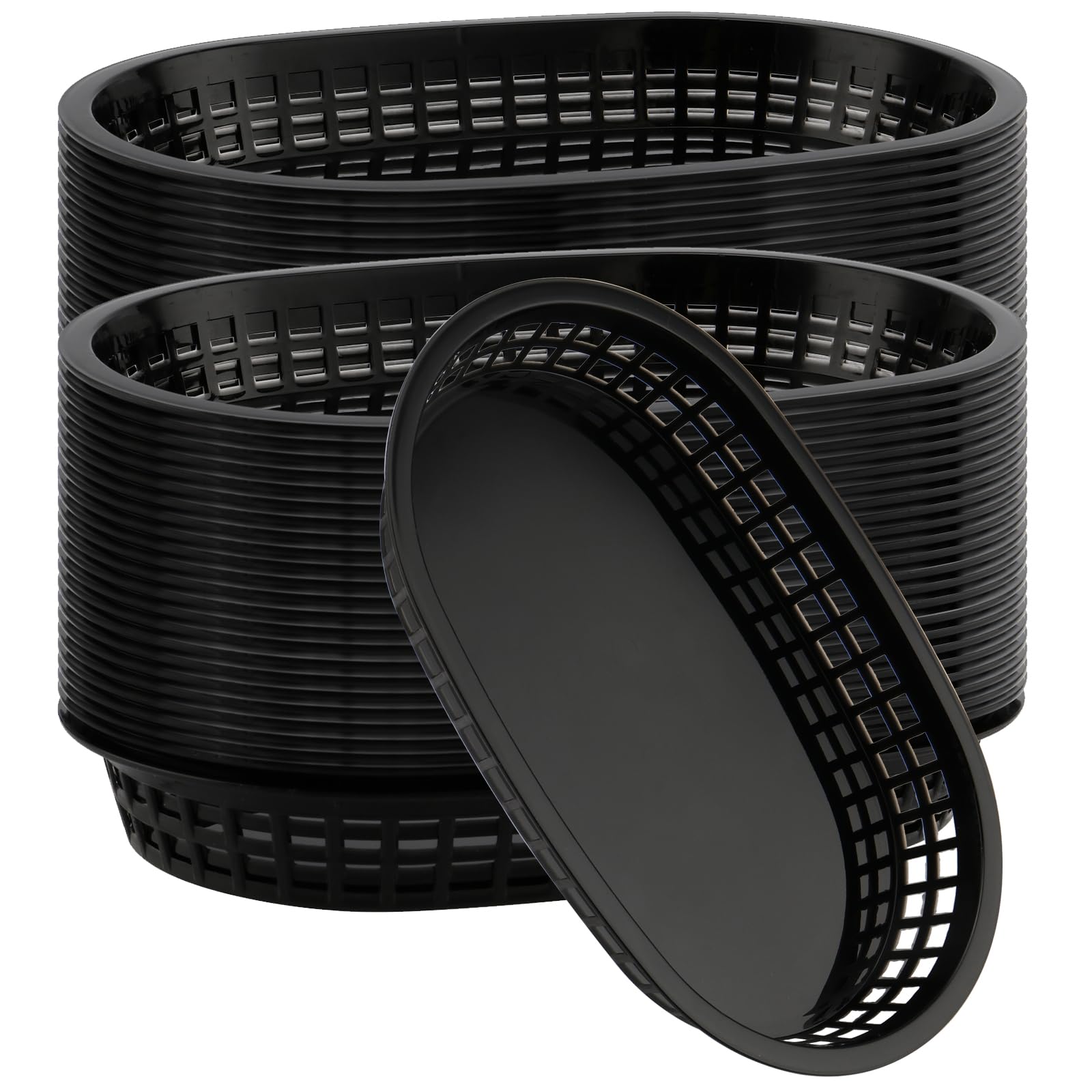 HEIHAK 30 Pack 10.5 x 7 Inch Black Plastic Fast Food Baskets, Restaurant Serving Baskets, Flat Oval Fast Food Serving Basket for Picnic, Deli Serving, Chicken, Burgers and Fries