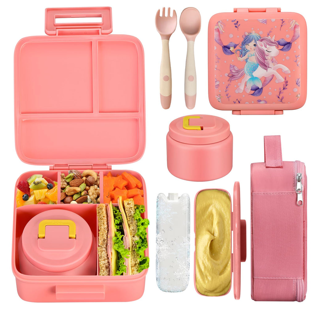 JXXM Bento Lunch Box for Kids With 8oz Soup thermo,Leak-proof Lunch Containers with 5 Compartment,thermo Food Jar and Lunch Bag, Food Containers for School (A-Blue(Dinosaur))