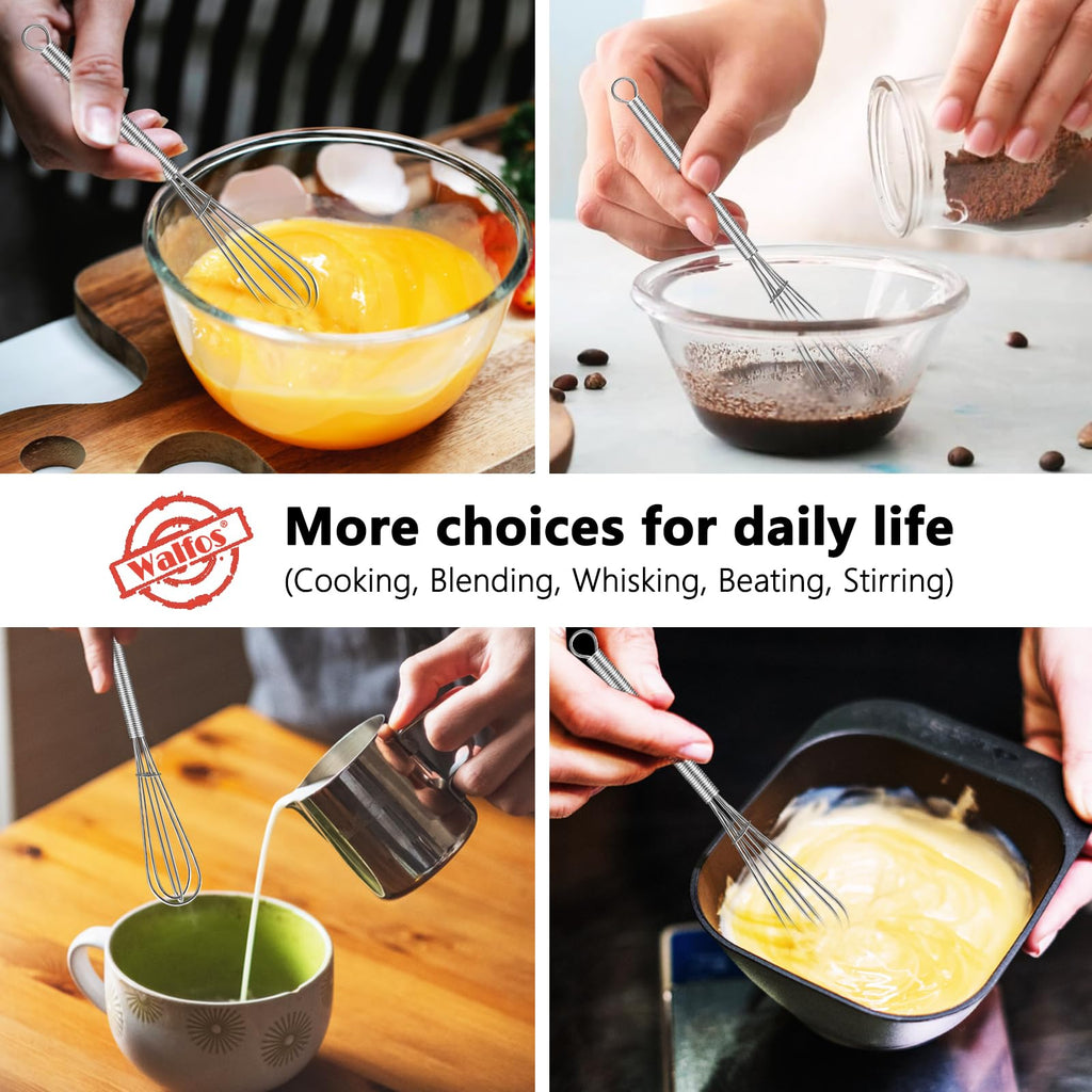 Walfos Mini Whisk,304 Anti-Rust Small whisk,Sturdy Stainless Steel Wire Tiny Whisks 6+7+8in,Ideal for mixing individual eggs, jams, spices and other small portion ingredients.(3pcs）