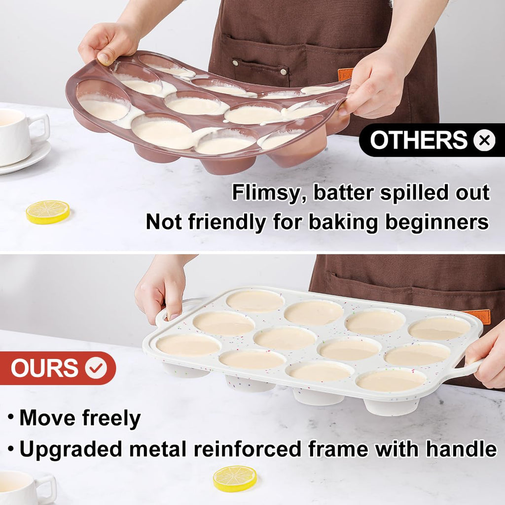 CAKETIME Silicone Muffin Pans for Baking, Metal Reinforced Frame Regular 12 Cups & Mini 24 Cups Cupcake Pan Set Nonstick Muffin Pan for Homemade Baking Easy to Handle