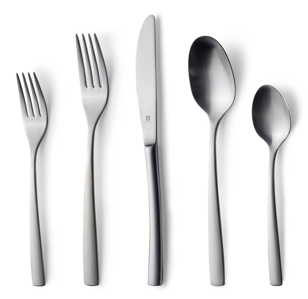 Danialli Matte Silverware Set, 18/10 Stainless Steel Satin Flatware, Modern Brushed Finish Cutlery, Dishwasher Safe & Durable, Built to Last (40-Piece, Marettimo)