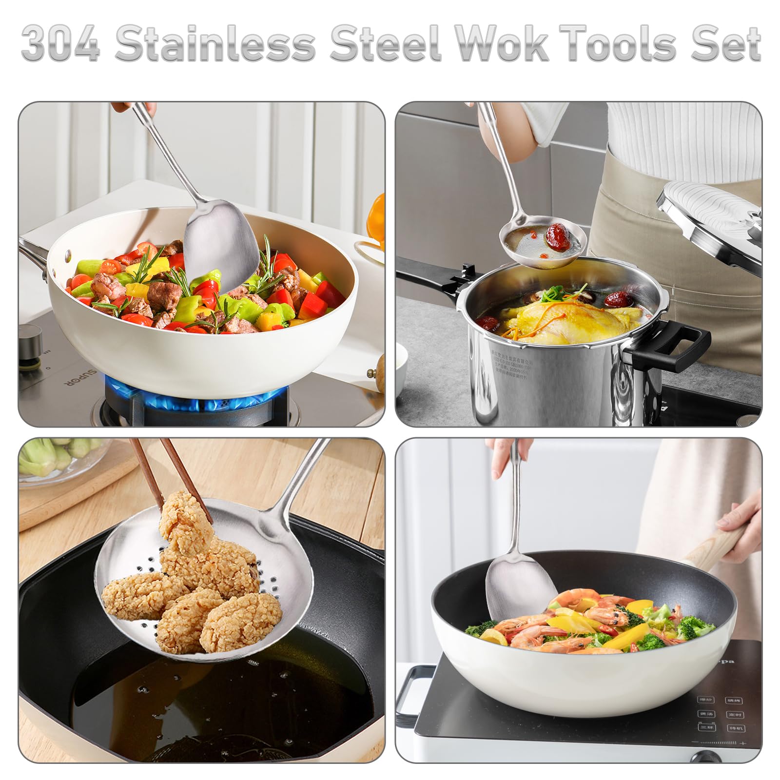 FJNATINH 4-Pieces 304 Stainless Steel Wok Spatula Set,Cooking Utensil Set,Soup Ladle Colander,Nonstick Kitchen Cooking Utensils Set with Spatula,Kitchenware Tools