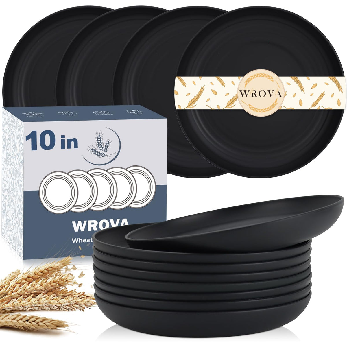 Wrova Wheat Straw Plates - 8 Inch Unbreakable Dinner Plates Set of 8 - Dishwasher & Microwave Safe Plastic Plates Reusable - Lightweight Plates for kitchen,R.V (pure black)