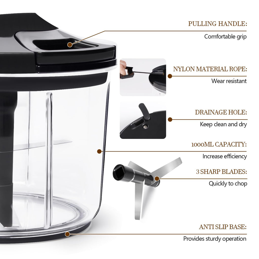 LHS Manual Food Processor Large Vegetable Chopper, 1000ML Pull String Chopper Garlic Mincer Onion Cutter for Veggies,Salad,Fruits, Nuts, BPA Free, Black
