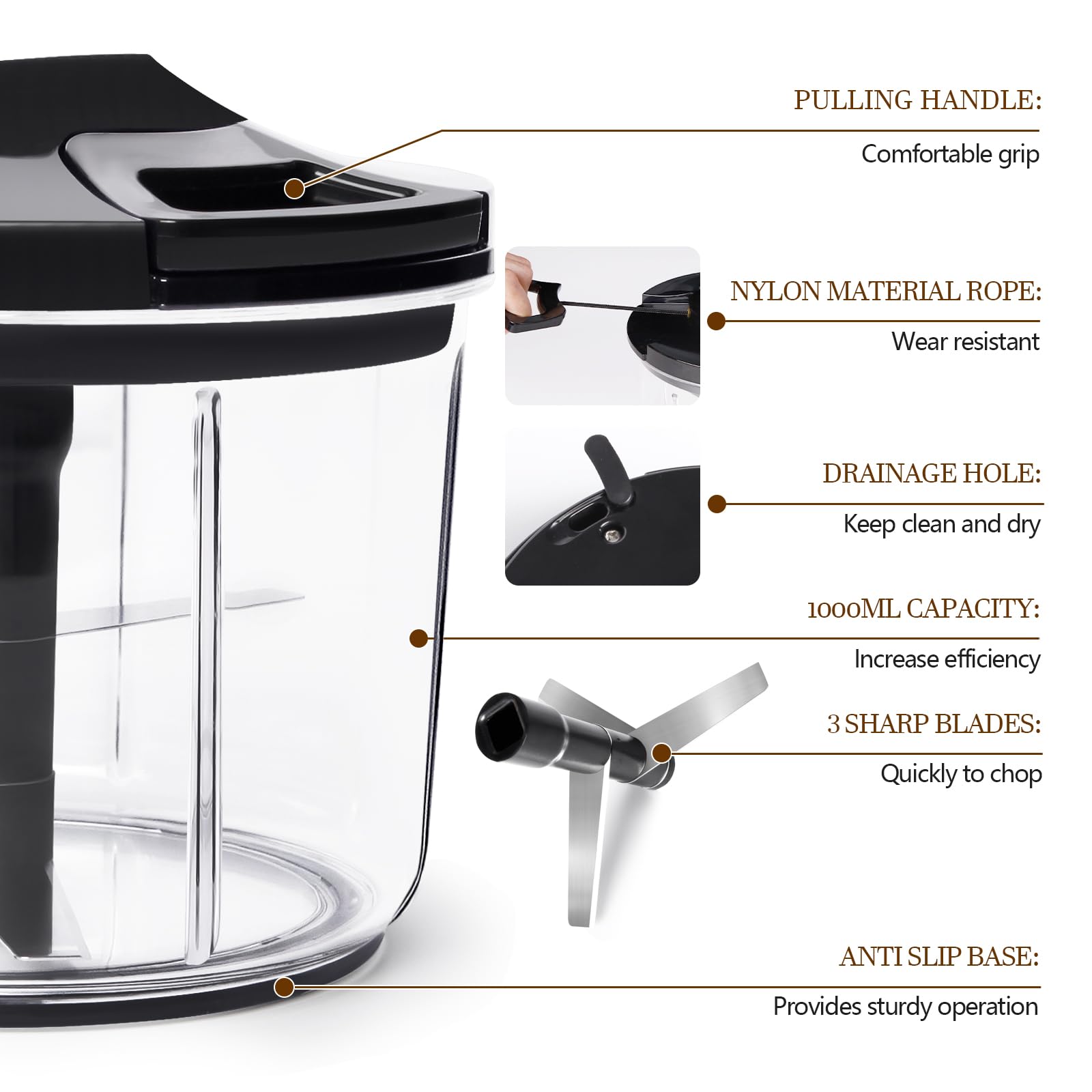 LHS Manual Food Processor Large Vegetable Chopper, 1000ML Pull String Chopper Garlic Mincer Onion Cutter for Veggies,Salad,Fruits, Nuts, BPA Free, Black