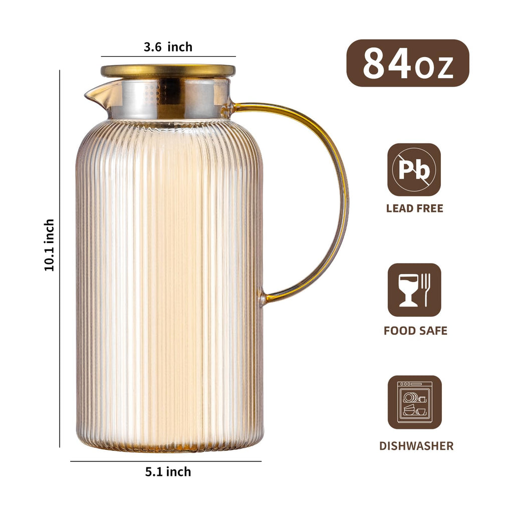 Buaic Glass Pitcher with Lid, 84 oz/ 2.5L Amber Glass Water Pitcher