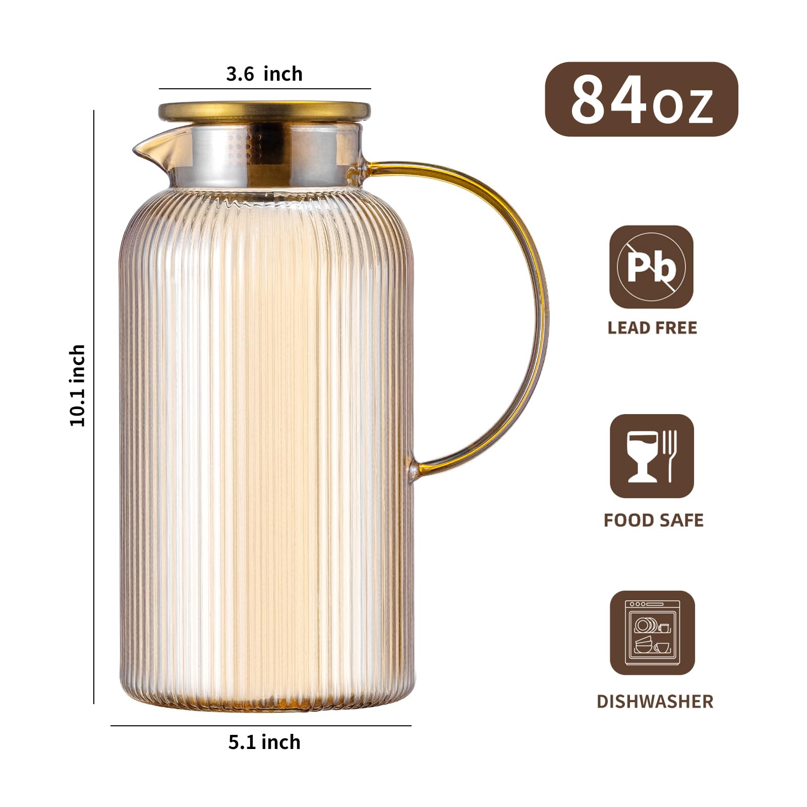 Buaic 2 PACK Glass Pitcher with Lid, 84 oz/ 2.5L Amber Glass Water Pitcher
