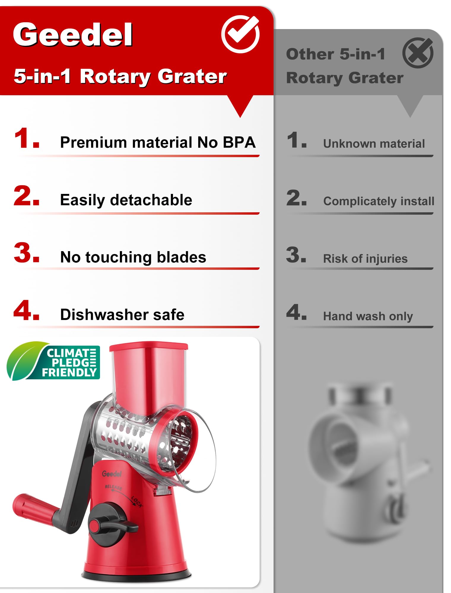 Geedel Rotary Cheese Grater Hand Crank, Cheese Shredder Vegetable Slicer