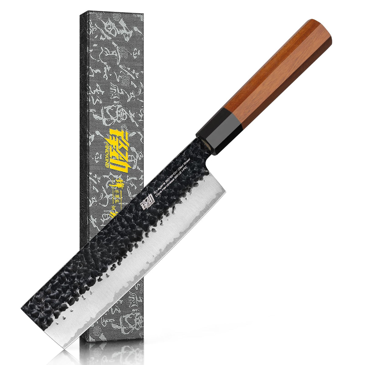 FINDKING Serbian Chef Knife with Leather Sheath, 6.5 Inch High Carbon Steel Cleaver Knife, Hammered Blade, Octagonal Handle, for Meat, Vegetables, Poultry and Light Bones, Dynasty Series